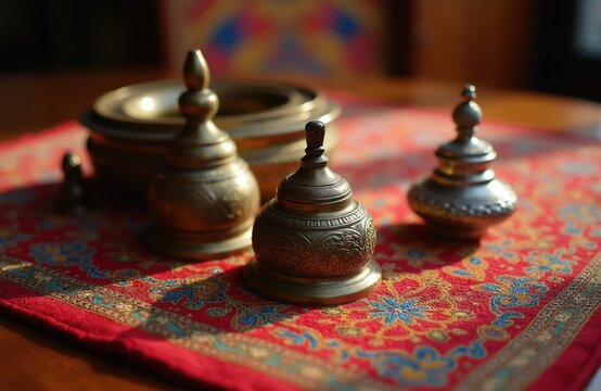 Close-up of traditional Tibetan Buddhist ritual objects like ghanta bells and bowls arranged on ornate red cloth. Sacred religious items used in prayer ceremonies.