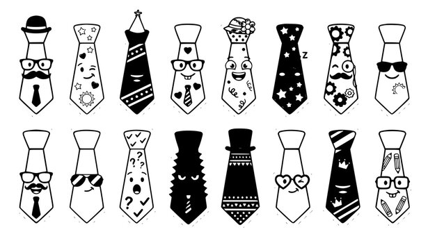 Quirky Cartoon Tie Characters with Funny Faces and Patterns Vector Sticker Set