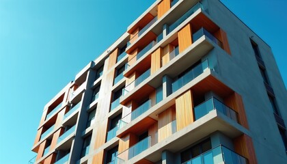 Fototapeta premium Modern apartment building exterior with balconies, wood accents and glass railings. High rise residential condo complex under clear blue sky. Urban housing architecture detail.