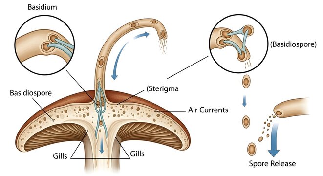 Mushroom Basidium and Spore Release Diagram