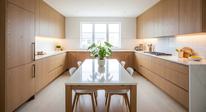 Modern kitchen dining setup with wooden cabinets and natural light interior design