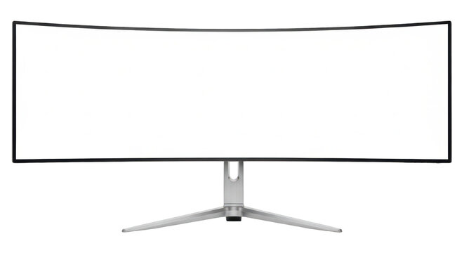 Curved computer monitor on a silver stand isolated on transparent background