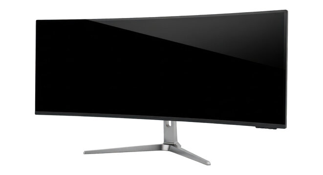A sleek black curved computer monitor on a silver stand isolated on transparent background