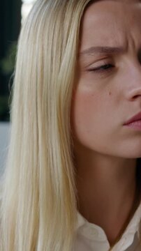 Caucasian hesitate business woman student girl thinking has problem with choice difficult choosing think in office female businesswoman holding chin creating idea working concentration challenge work