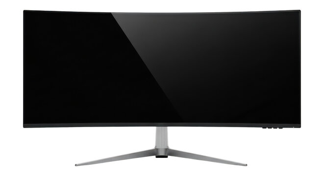 Large curved black computer monitor on a silver stand isolated on transparent background