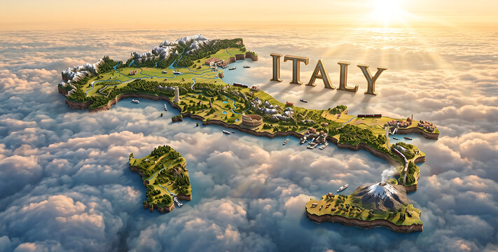 3D rendered fantasy map of Italy floating above clouds with iconic landmarks