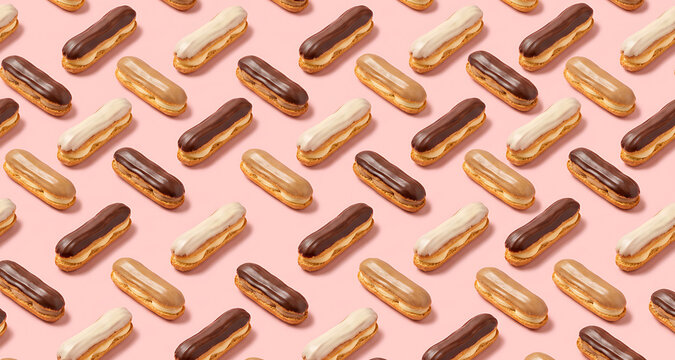 Pattern of Chocolate and White Glazed Eclairs on Pink Background