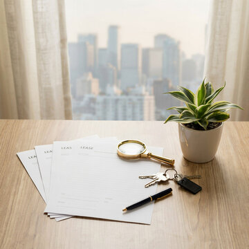 Real estate documents sit on a wooden desk with a magnifying glass, house keys, and a small potted plant near a window.