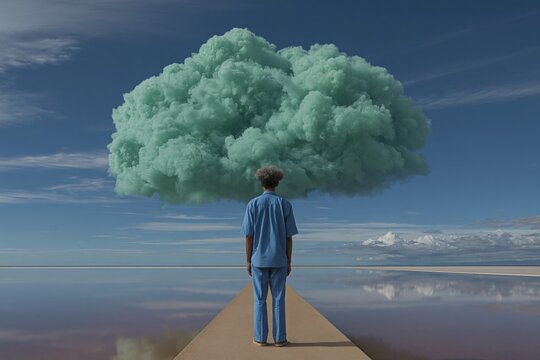Young man standing on pier under floating green cloud by sea