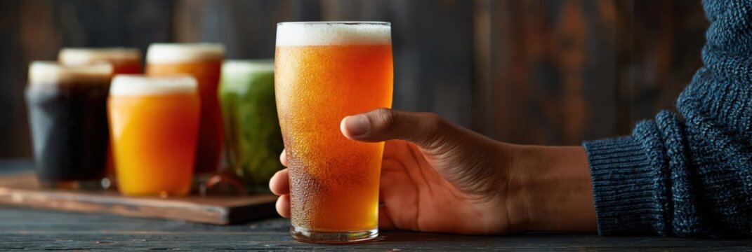 Hand grasping pale ale with beer samples on wooden tray