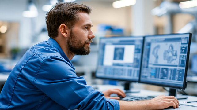 Engineer viewed from the side using advanced software for robotics on a dual screen workstation in a modern workplace, faceless side view, technology concept, defocused