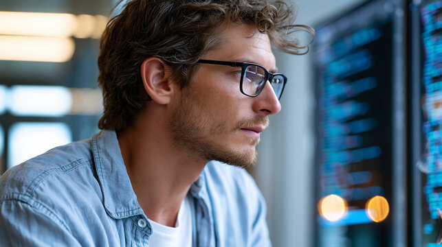 Visionary AI programmer viewed from the side presenting complex code on a large screen in a futuristic setting in soft daylight, faceless side view, AI development concept,