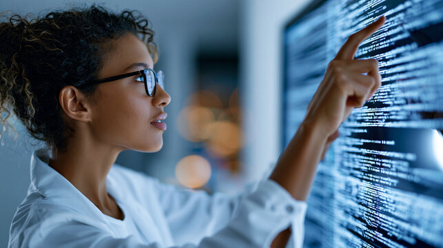 Visionary AI programmer viewed from the side presenting complex code on a large screen in a futuristic setting in soft daylight, faceless side view, AI development concept,