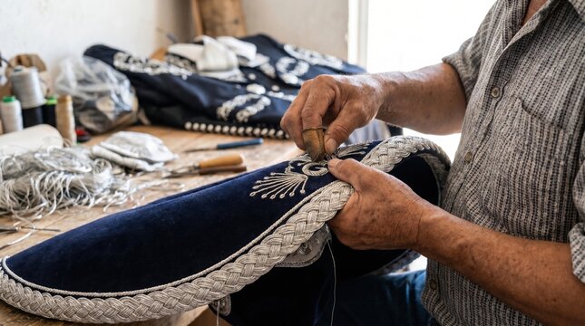 Tailor wearing a thimble hand sewing silver braid onto a blue charro jacket