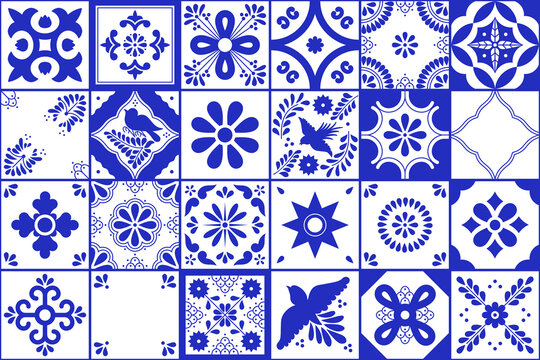 Set of traditional mexican talavera tile patterns. Blue and white ceramic art from Puebla.
