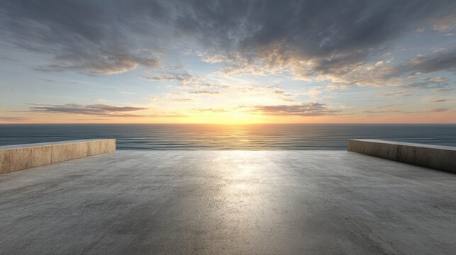 Palco vazio de concreto com vista para o mar no p&ocirc;r do sol. Fundo de mockup em branco para apresenta&ccedil;&atilde;o automotiva ou de produtos