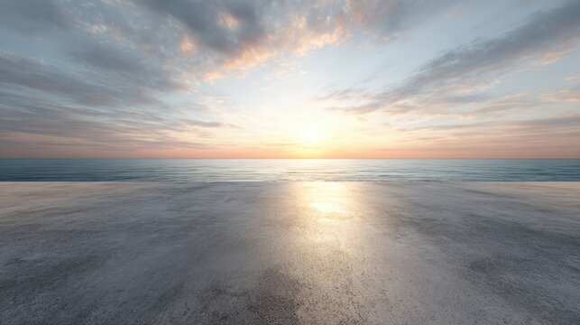 Leere Betonfl&auml;che am Meer bei Sonnenuntergang. Idealer 3D Mockup-Hintergrund f&uuml;r Automobil- oder Produktpr&auml;sentationen mit Textfreiraum