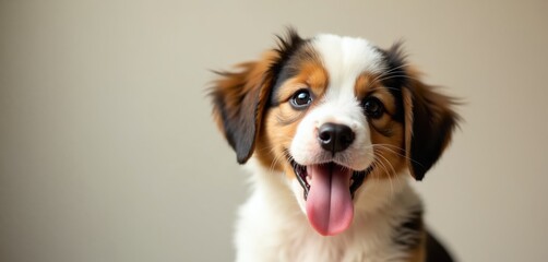 Fototapeta premium Happy puppy pants with tongue out. Small dog with brown white black fur looks curious. Adorable pet plays in a studio. Cute animal is a good companion.
