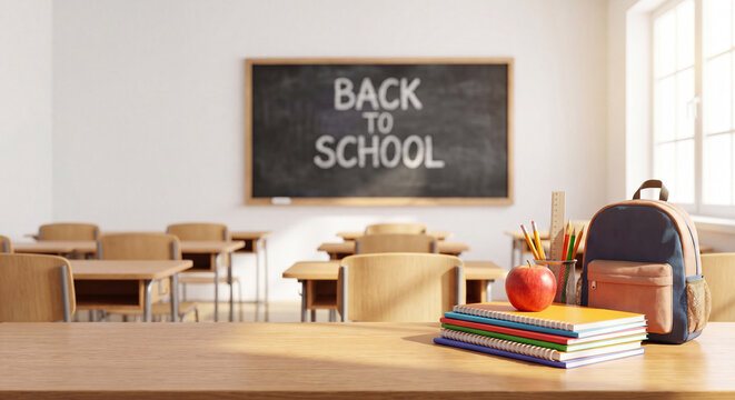 Interior view of a school classroom featuring a wooden desk with books apple and backpack in front of empty student desks