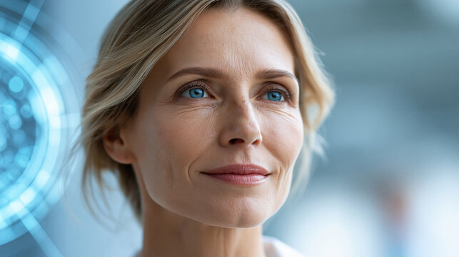 Predictive healthcare using digital twin models with a serene portrait of a woman in soft colorful light, personalized medical systems and real-time patient modeling concept,