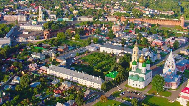 Scenic aerial panorama of the historic city center of Kolomna with the ancient kremlin in Russia
