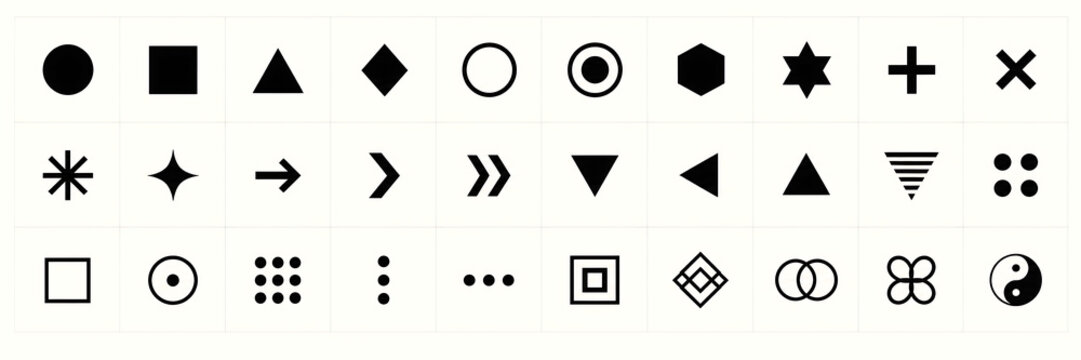 Minimalist geometric icons set, 30 black vector symbols for UI design, abstract basic shapes and navigation signs for web interface isolated on White Background ai