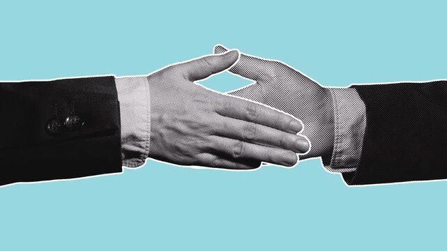 Two halftone businessman hands shaking in agreement on blue background. Retro pop art style, seamless loop for business, partnership, and deal concepts.