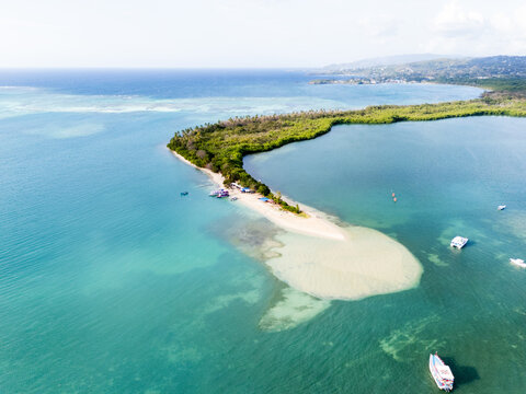 Aerial View of Narrow Sandy Spit in Turquoise Sea Tobago