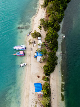 Drone View of Sandy Shore with Moored Boats Tobago