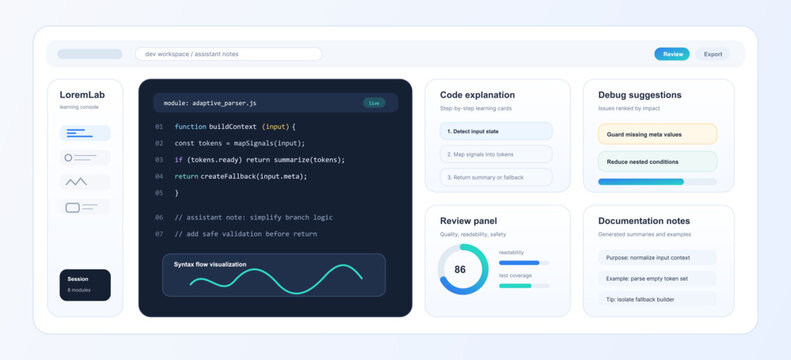 Software development dashboard showing code, debug, and explanation panels