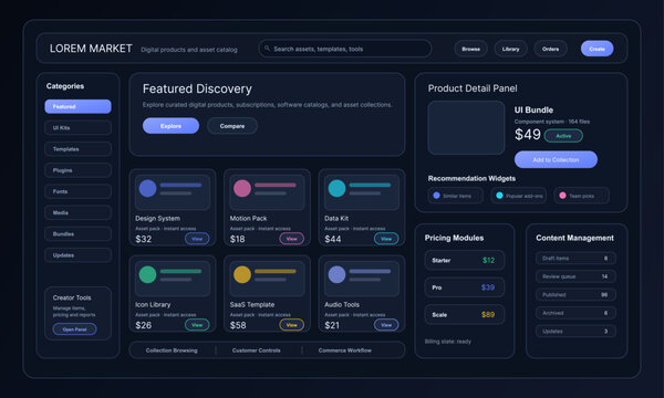 Digital marketplace dashboard displaying products in dark mode