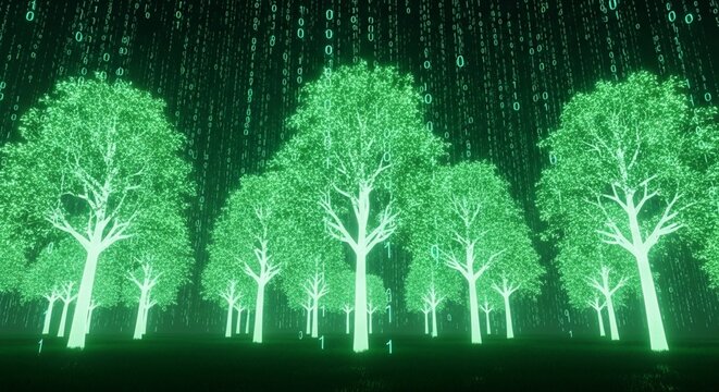 Cinematic digital landscape featuring glowing green trees and a sky filled with binary code