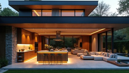Fototapeta premium Modern luxury house with open kitchen living area, pool. Sleek design, warm wood, stone facade, ambient lighting. Outdoor seating, elegant decor, natural landscape setting. Contemporary architecture.