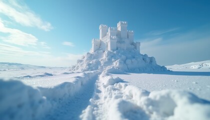 Snow fortress built on a frozen plain under a clear blue sky. A snowy path leads towards the ice castle structure in a cold winter landscape.