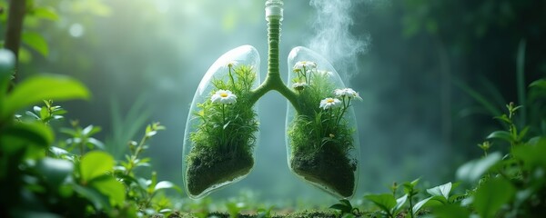 Obraz premium Transparent lungs grow green plants and white flowers inside, floating above forest floor mist. Healthy breathing ecosystem concept, fresh air nature symbiosis.