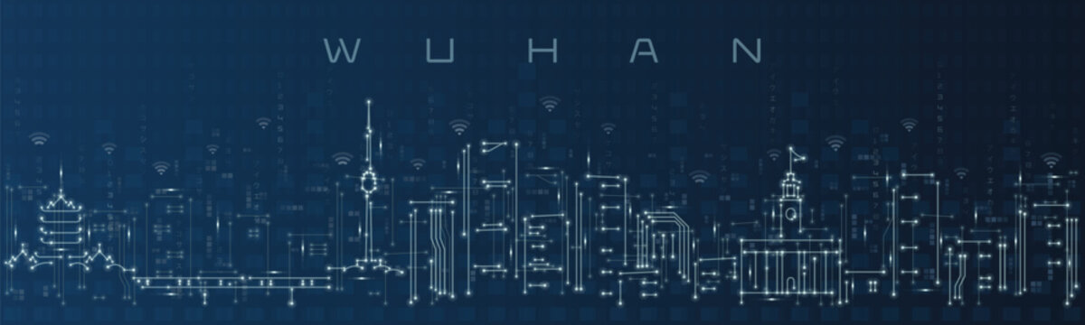 Wuhan Smart City Skyline Vector in Circuit Board Style Futuristic Technology Background