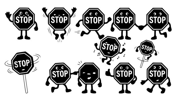 Funny Cartoon Stop Signs in Playful Action Poses Traffic Safety Vector Collection
