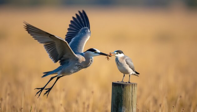Adult heron flies with insect prey to feed its young bird on wooden post. Parent bird shares food with fledgling in natural habitat. Wildlife scene depicts animal feeding.
