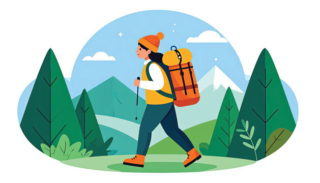 Man hiking with large orange backpack.