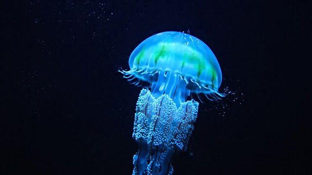 Luminous blue jellyfish gracefully drifts through dark ocean waters, displaying vibrant bioluminescence.