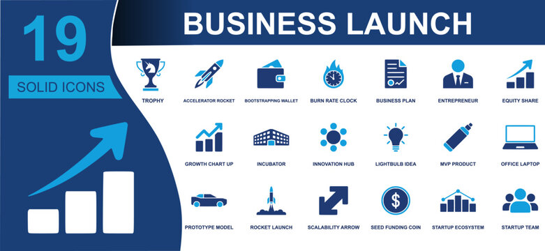 Business launch icon set. Containing accelerator rocket, business plan, entrepreneur, innovation hub, MVP product, seed funding, startup team, equity share and more. Solid fill vector icons.