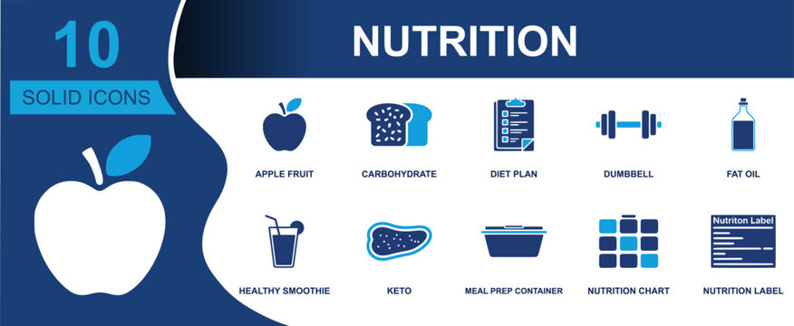 Nutrition icon set. Containing apple fruit, carbohydrate, diet plan, dumbbell, fat oil, healthy smoothie, keto, meal prep container, nutrition chart and more. Solid fill vector icons.