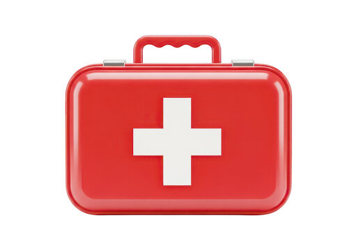 Red first aid kit with a white cross on the front