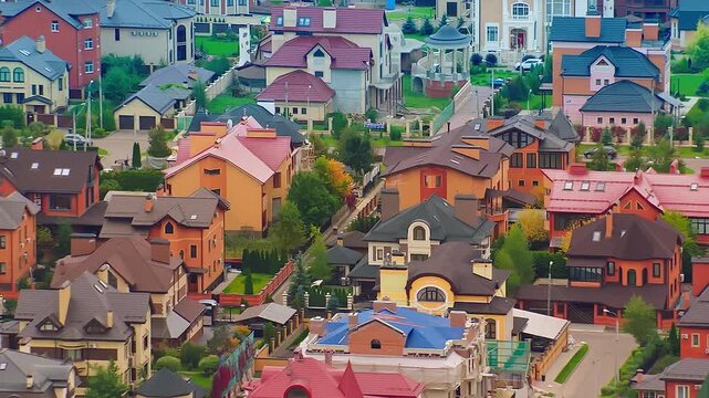 Colorful rooftops of modern luxury houses in a wealthy suburban neighborhood