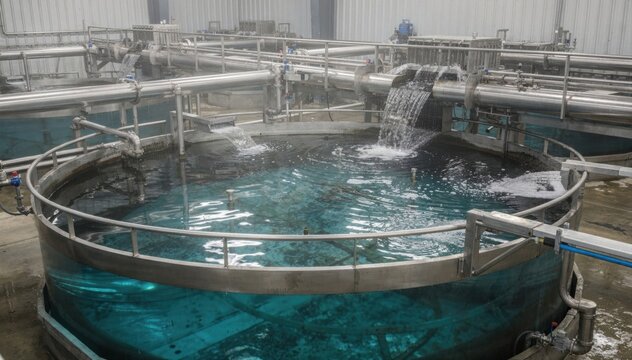 Medium shot focusing on the same treatment plants clarifiers and filters after dyehouse wastewater cleaning featuring clear water and efficient filtration mechanisms in action.