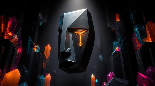 Futuristic Obsidian Mask Crying Liquid Gold Amidst Glowing Crystals, Cinematic SciFi Concept Art