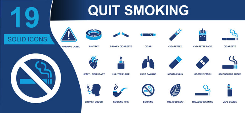 Quit smoking icon set. Containing broken cigarette, nicotine gum, nicotine patch, lung harm, warning label, vape device, secondhand smoke, tobacco warning and more. Solid fill vector icons.