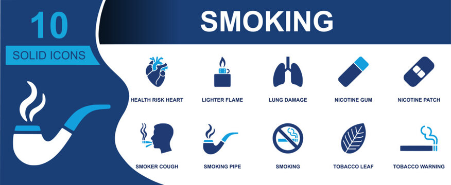 Smoking icon set. Containing health risk heart, lighter flame, lung damage, nicotine gum, nicotine patch, smoker cough, smoking pipe, tobacco leaf, warning and more. Solid fill vector icons.