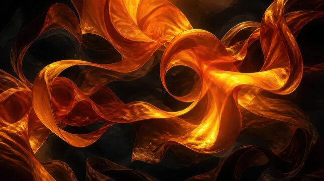 Luminous Amber Silk Ribbons Flowing Through Darkness Abstract Art