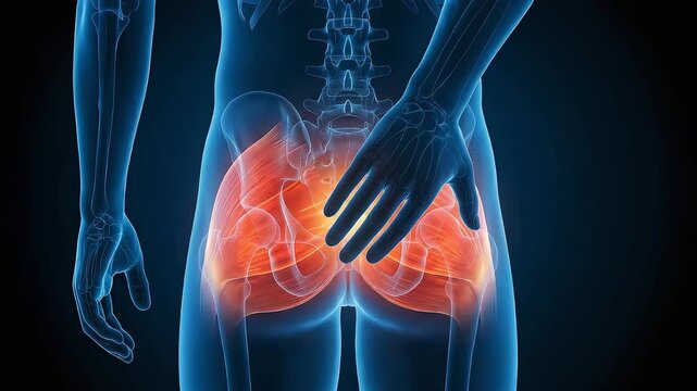 A 3D anatomical diagram illustrating gluteal muscle pain and sciatica.